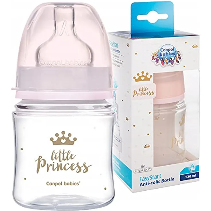 Canpol Babies Royal Baby Babyflasche 0m+ Pink 120 ml, mit speziell angepasster Form für naturnahes Trinken