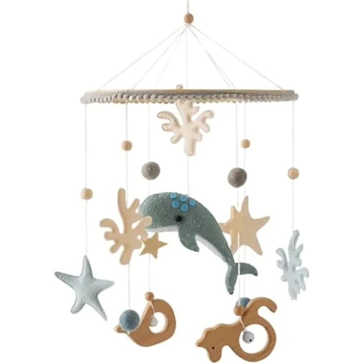 Herfair 3D Delphine Mobile Baby Windspiel aus Holz mit Filzbällen, handgemacht, blau, für Babybett Jungen und Mädchen