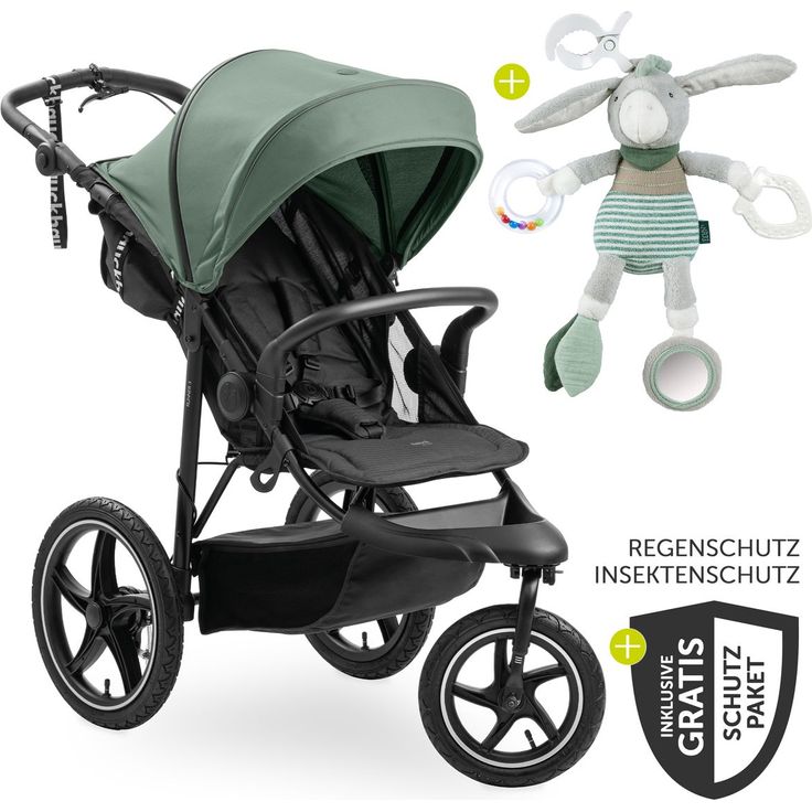 Hauck Buggy & Jogger Runner 3 (mit großen Luftreifen) - inkl. XXL Zubehörpaket & Fehn Spieltier Eselchen - Jungle Green mit Gratis Mobilitätsgarantie