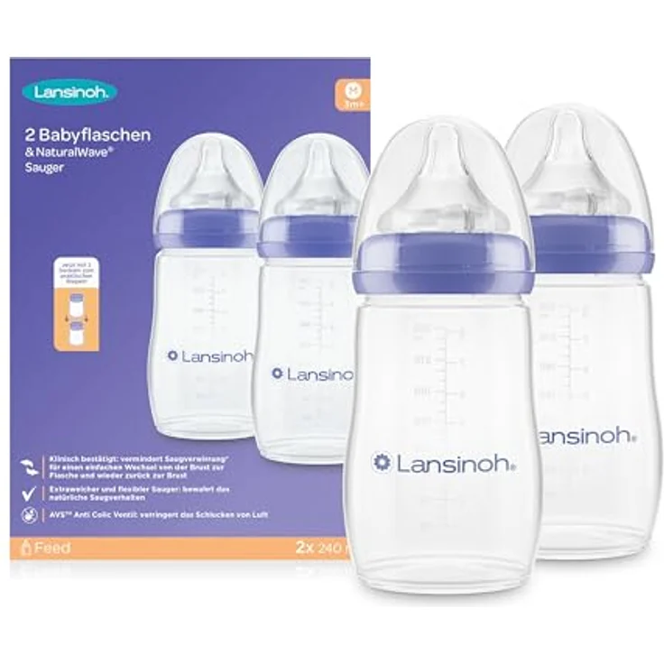 Lansinoh Babyflaschen mit NaturalWave Sauger Gr. M, 240 ml - Doppelpack - verbessertes kompaktes Design - mit stapelbarem Deckel – Bild 1