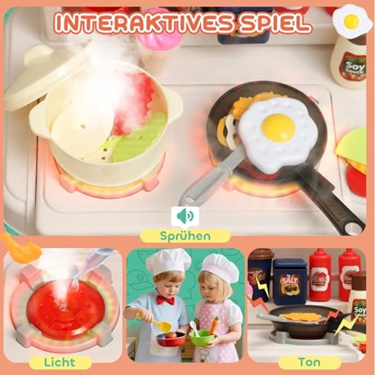 AIYAPLAY Kinderküche Spielküche mit Ofen, Spüle, Licht- und Soundfunktion, 92-teiliges Zubehörset, Spielzeugküche für Kinder, Grün – Bild 3