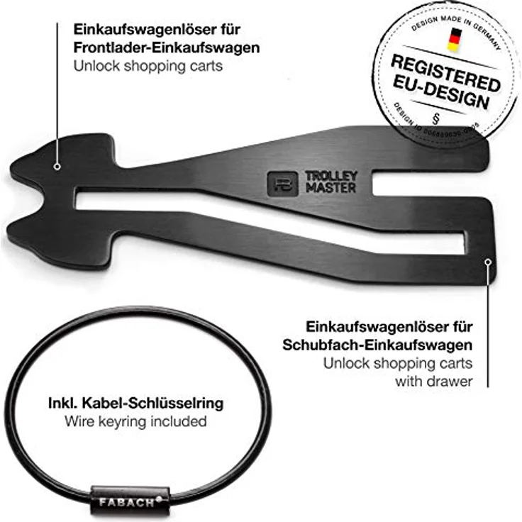 FABACH Trolley Master Stainless Steel Series, Edelstahl Einkaufswagenlöser Schlüsselanhänger mit Frontlader- und Seitenschubfachfunktion – Bild 2