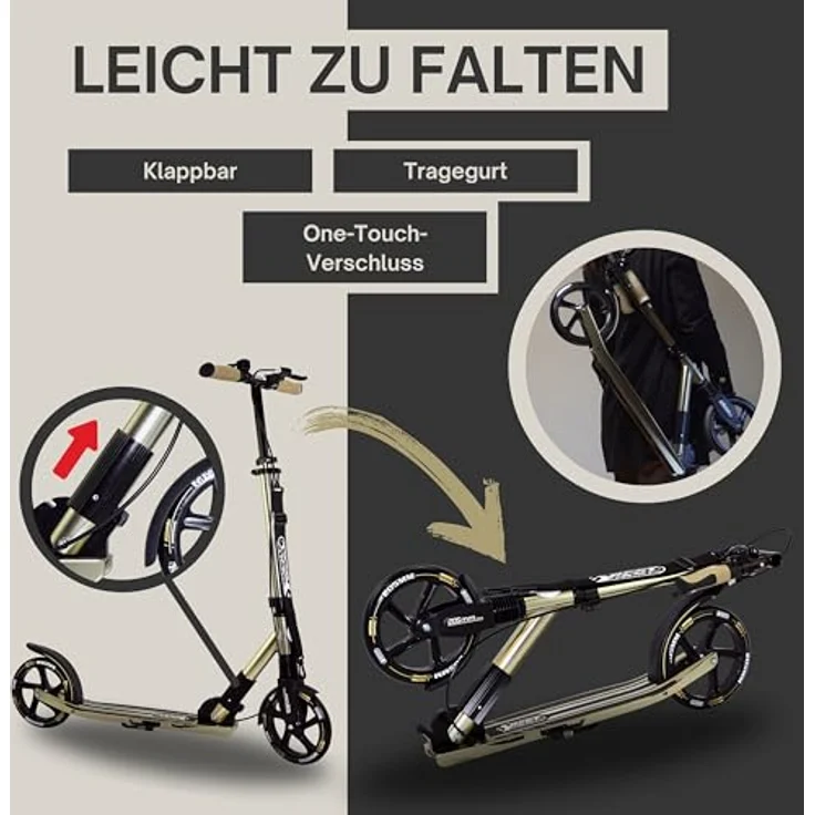 Best Sporting Scooter 205 mm Olivgrün Metallic, klappbarer Cityroller mit Vorderradfederung, Handbremse, Klingel und Tragegurt, höhenverstellbar für Kinder & Erwachsene bis 100 kg – Bild 2