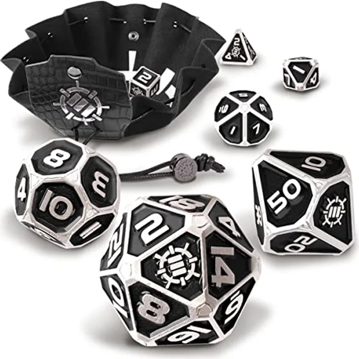 ENHANCE Würfelset aus Metall – 7 polyedrische Würfel mit 2-in-1 Würfeltasche und Würfeltablett aus veganem Leder, schwarze Sammleredition für Dungeon and Dragon RPG