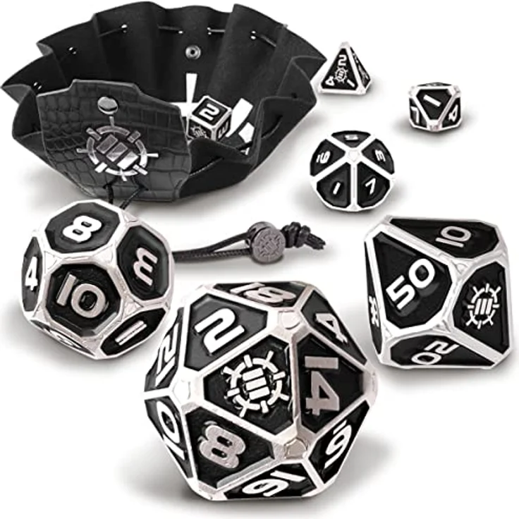 ENHANCE Würfelset aus Metall – 7 polyedrische Würfel mit 2-in-1 Würfeltasche und Würfeltablett aus veganem Leder, schwarze Sammleredition für Dungeon and Dragon RPG – Bild 1
