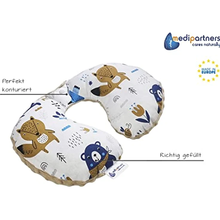 Medi Partners Nackenkissen Kinder Nackenhörnchen, 100% Baumwolle/Minky, Boho Animals mit beigem Minky, komfortable Nackenstütze für Auto und Flugzeug – Bild 2