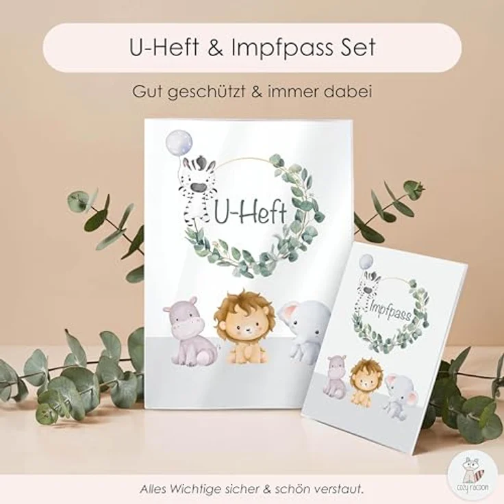 Cozy Racoon U-Heft- und Impfpasshülle ohne Personalisierung| 3- teiliges Set |Hochwertige Hülle für Untersuchungsheft und Impfpass Deines Kindes | Süße Tiere – Bild 3