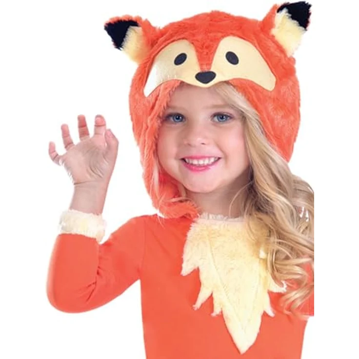 amscan 9903509 Kinderkostüm Fuchs für Mädchen 4-6 Jahre, Orange mit Kunstfell-Brust und Fuchskopf-Kapuze – Bild 4