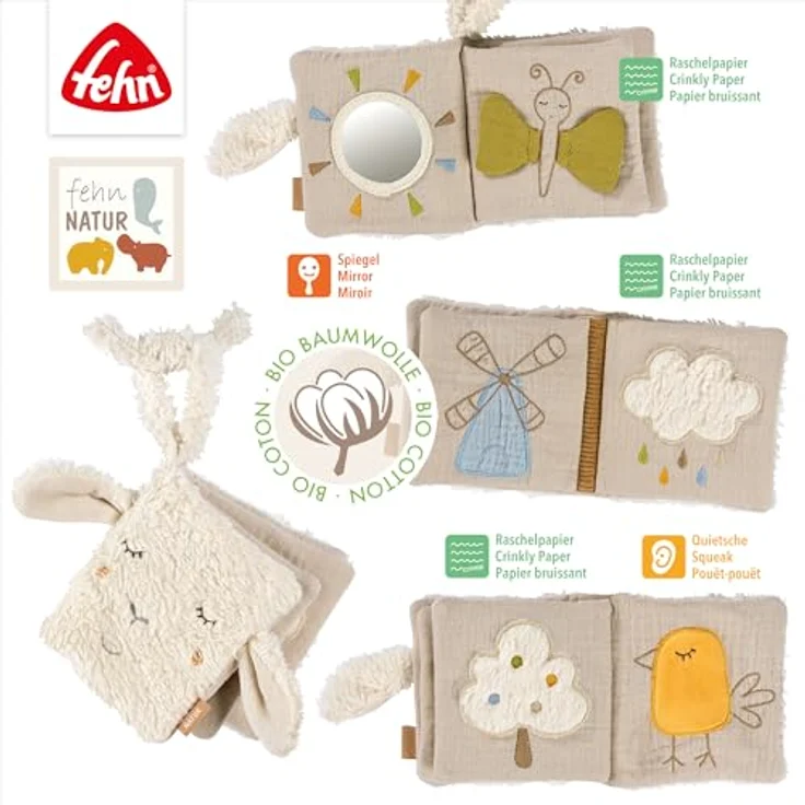 Fehn Greifspielzeug fehnNATUR, Stoffbuch Schaf aus Bio-Baumwolle mit Quietsche, Raschelpapier und Spiegel für Babys ab 0 Monaten – Bild 4