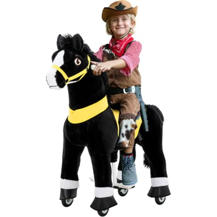 Miweba PonyCycle Black Beauty | 𝟯 𝐉𝐀𝐇𝐑𝐄 𝐆𝐀𝐑𝐀𝐍𝐓𝐈𝐄 - E-Serie Pferd - Schaukelpferd mit Handbremse - Kuscheltier - Kinder Pony auf Rollen - Plüschtier - 4-8 Jahre, Schwarz