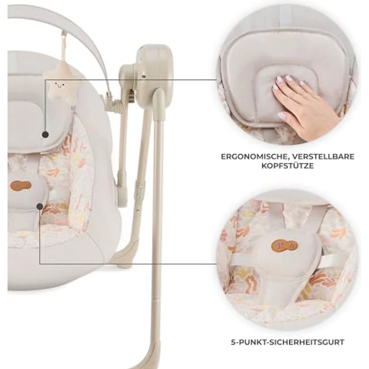 Kinderkraft SWINGEE Elektrische Babywippe mit Schwingfunktion, 5 Geschwindigkeitsstufen, verstellbarer Rückenlehne, 8 Beruhigungsmelodien, leicht und klappbar, Beige – Bild 5