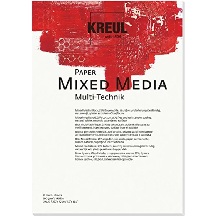 KREUL 69022 - Paper Mixed Media, DIN A3, 200 g/qm, 10 Blatt, säurefrei und alterungsbeständig, naturweiß, für alle Mixed Media Fine Art Techniken, für Nass- oder Trockenmalanwendungen
