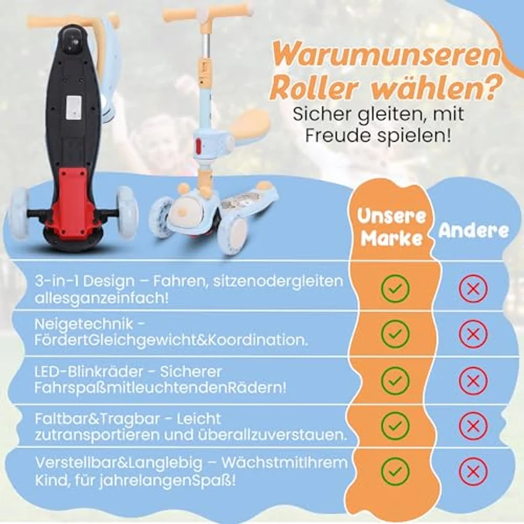 Habib Gruppe Kinderroller Tretroller 3-in-1 Faltbarer Scooter mit abnehmbarem Sitz, höhenverstellbar, LED-Rädern, für Kinder (1-12 Jahre), blau – Bild 4