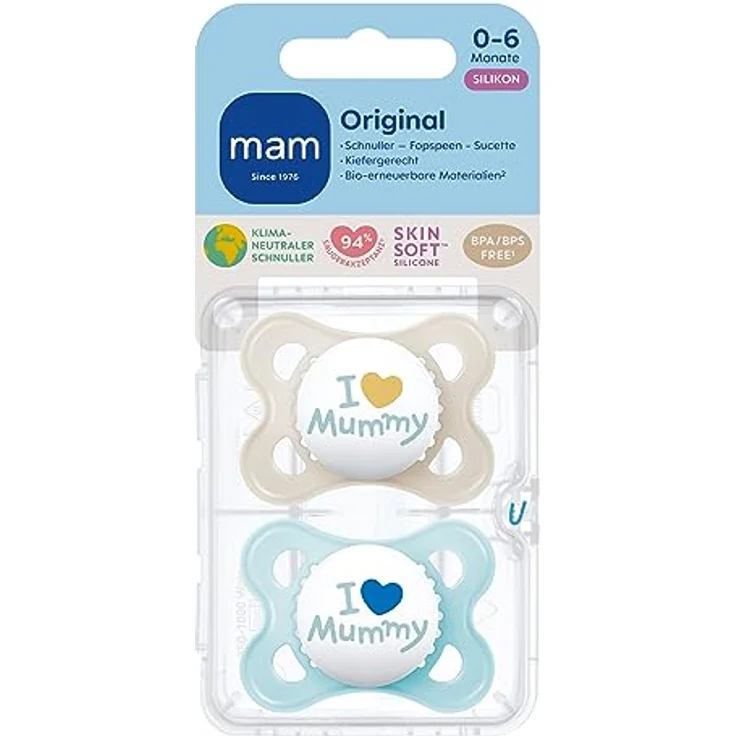 MAM Original Schnuller im 2er-Set, zahnfreundlicher Baby Schnuller aus nachhaltigen & bio-erneuerbaren Materialien, Sauger aus MAM SkinSoft Silikon, mit Schnullerbox, 0-6 Monate, blau/beige – Bild 2