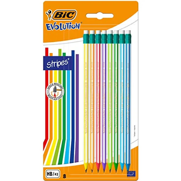 BIC Evolution Streifen Bleistift (8 Stück), HB Blei, kauenbeständig, splitterfest, 8 trendige Farben