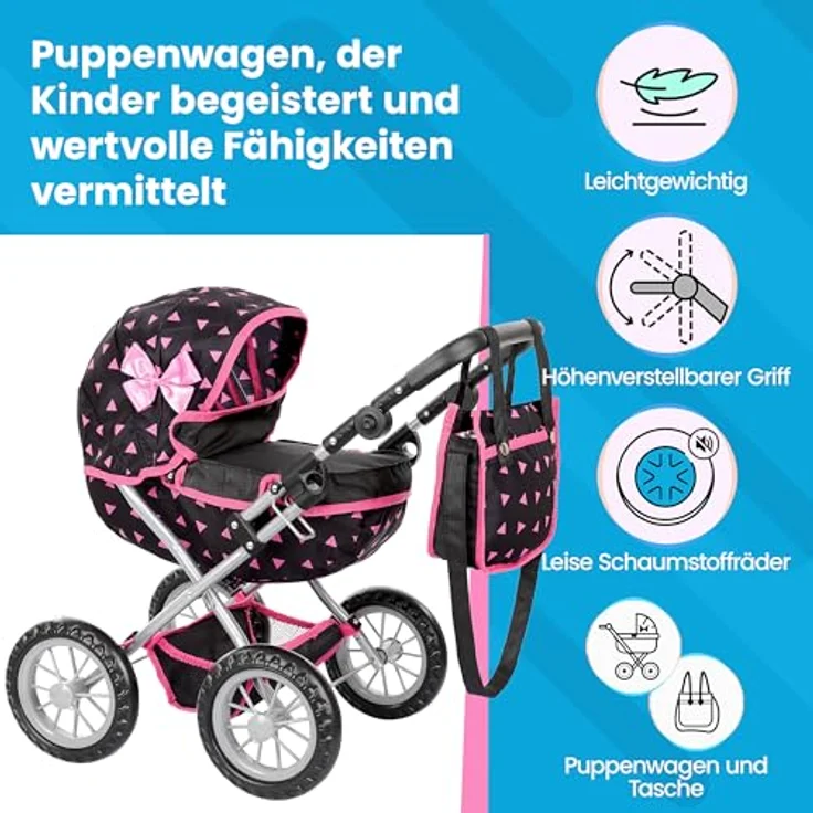 Kinderplay Puppenwagen ab 2 Jahre, Kinderwagen Puppen - Leichte und Stabile Konstruktion, Kinderpuppenwagen ab 3 Jahre, Höhenverstellbar von 33 bis 63 cm, Spielzeug Draussen, KP0261_KP0262 (KP0262R) – Bild 2