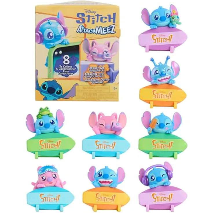 Disney Stitch Attachmeez Mini-Figur Blindbox, 5 cm, haftbar an Tassen, Büchern und Tablets, Sammelset mit Surfbrett-Display, für Kinder ab 3 Jahren von Just Play
