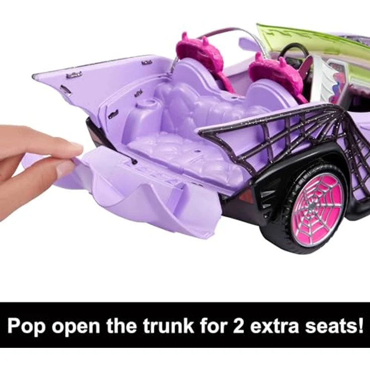 MONSTER HIGH Ghoul Mobile - Lilafarbenes Cabrio mit schillernden Spinnennetzen, plüschigem Innenraum und Eiskühler in Sargform, Platz für 4 Monster High-Puppen, Puppen nicht enthalten, HHK63 – Bild 3