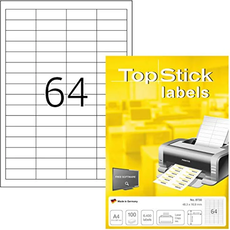 TopStick 8730 Universal Etiketten, 64000 selbstklebende, matt weiße Klebeetiketten, 1000 Blatt A4, 48,3 x 16,9 mm, für Laser- und Inkjetdrucker