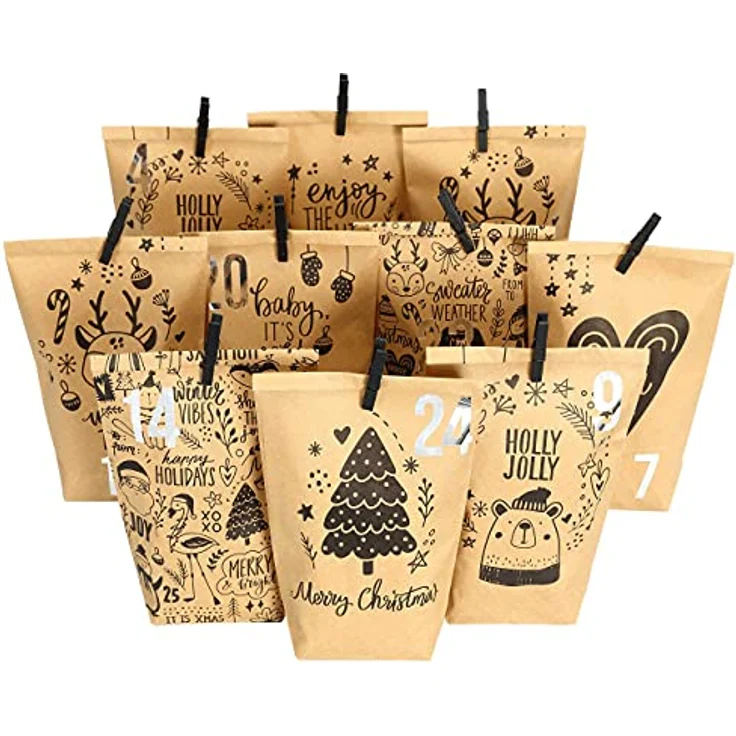 PAPIERDRACHEN Extravaganter Adventskalender zum Befüllen - mit 24 braunen Geschenktüten und 24 Zahlenaufklebern - Motiv Kindermotiv 1 - zum Basteln und Verschenken - Weihnachten & Advent – Bild 1