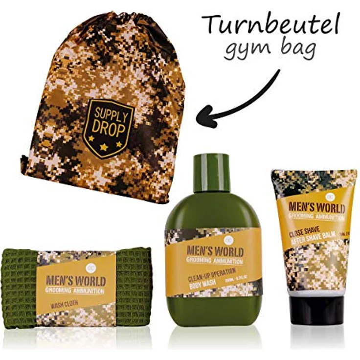 accentra Geschenkset Men`s World, Badeset für Männer, Duschgel, After-Shave-Balsam, Handtuch, Turnbeutel im Camouflage Look – Bild 5