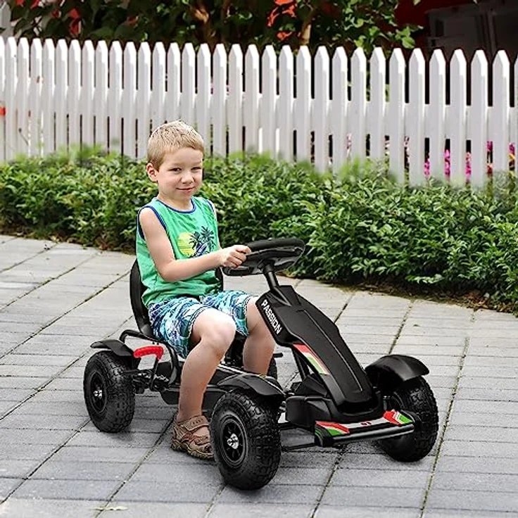 HOMCOM Go-Kart Tretauto, Kinderfahrzeug mit Handbremsen und verstellbarem Sitz, Schwarz, 121 x 58 x 61 cm – Bild 2