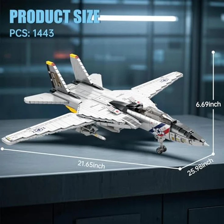 Reobrix F-14 Fighter Bauspielzeug-Set, Militär-Tomcat Kampfflugzeug Modell mit 1600 Bausteinen, interaktivem Riemenscheiben-Design, für Erwachsene und Sammler, ab 14 Jahren – Bild 5
