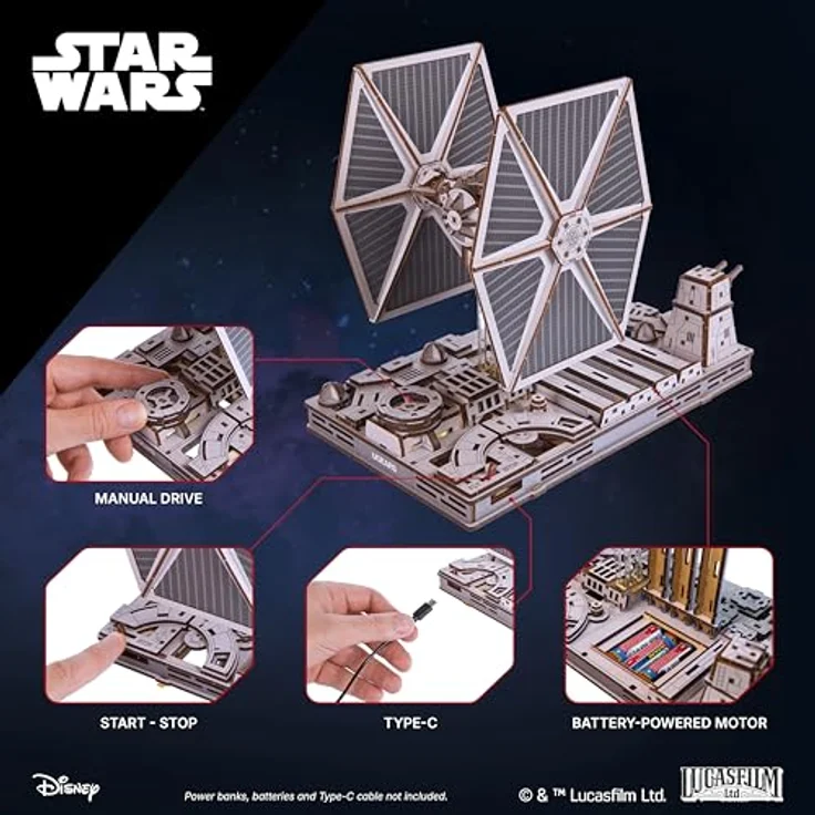 UGEARS Star Wars TIE Fighter 3D Puzzle Holz – Modellbausatz mit verstecktem Motor, naturfarben, für Erwachsene, ohne Kleber, Sammlerstück und Lernspielzeug – Bild 4