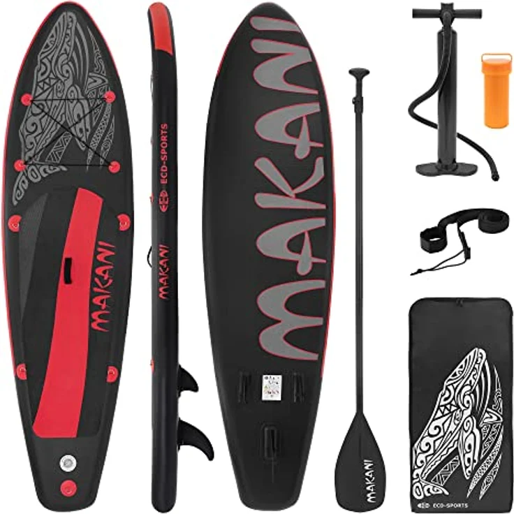 ECD Germany Aufblasbares Stand Up Paddle Board Makani 320x80x15 cm, Schwarz-Rot, aus PVC, bis 120 kg, Komplettset mit Paddel, Pumpe und Tragetasche – Bild 1