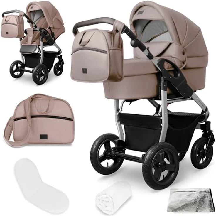 Bergsteiger Capri 2-in-1 Kombikinderwagen, Babywanne & Sportsitz, Luftreifen, Rahmenfederung, höhenverstellbarer Griff, faltbar, mit Zubehör – Bild 1