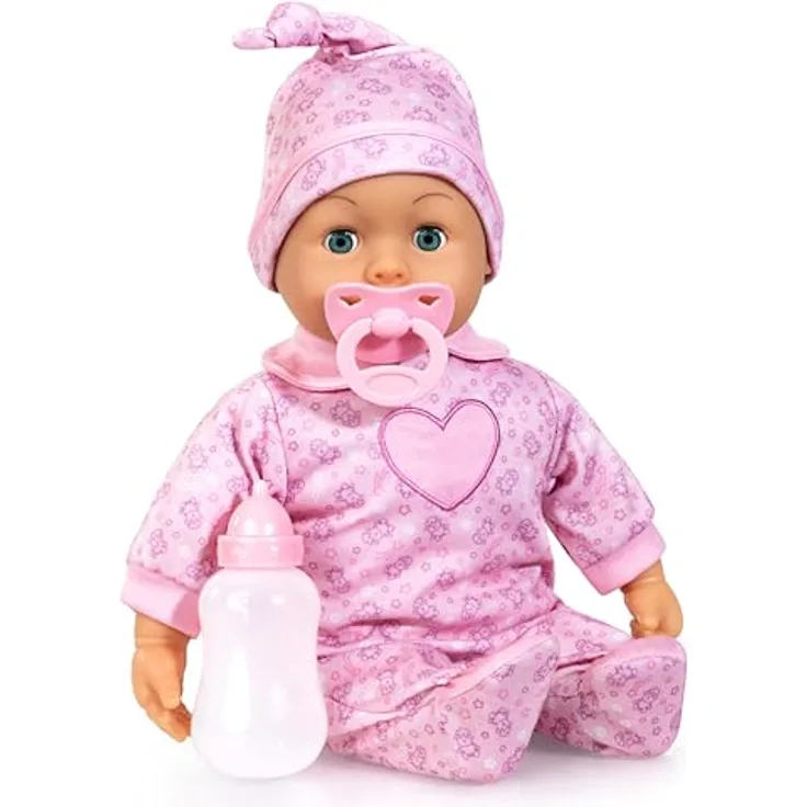 Bayer Babypuppe First Words Baby, 38 cm, rosa mit Schlafaugen und 24 Babygeräuschen, 3-tlg. Set
