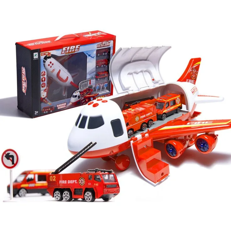 Ikonka Spielzeug-Flugzeug Flugzeugtransporter-Set, realistisches Design mit interaktiven Soundeffekten, Weiß/Rot