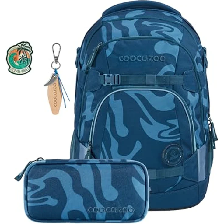 Coocazoo MATE „Breaking Waves“ 3-teiliges Schulrucksack-Set, ergonomischer 30L Tornister in blau mit Brust- und Hüftgurt, inkl. Mäppchen und COLOUR UP-Set – Bild 2
