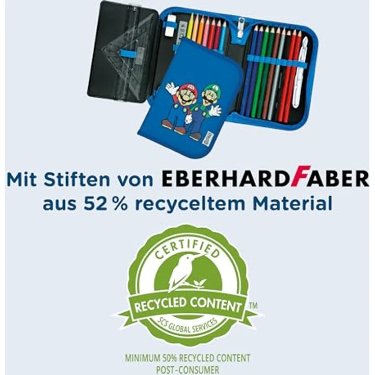Scooli Gefülltes Schüleretui Super Mario, Federmäppchen mit 14 Buntstiften, 2 Bleistiften und Zubehör, ergonomisch geformt, robust und strapazierfähig, ideal für Schule und Freizeit, ab 6 Jahren – Bild 4