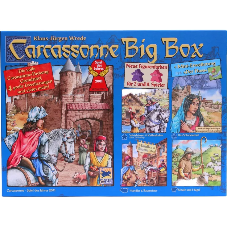 Hans im Glück Carcassonne Big Box 2014, Grundspiel mit Fluss & 4 Erweiterungen, für 8 Spieler in Pink und Violett