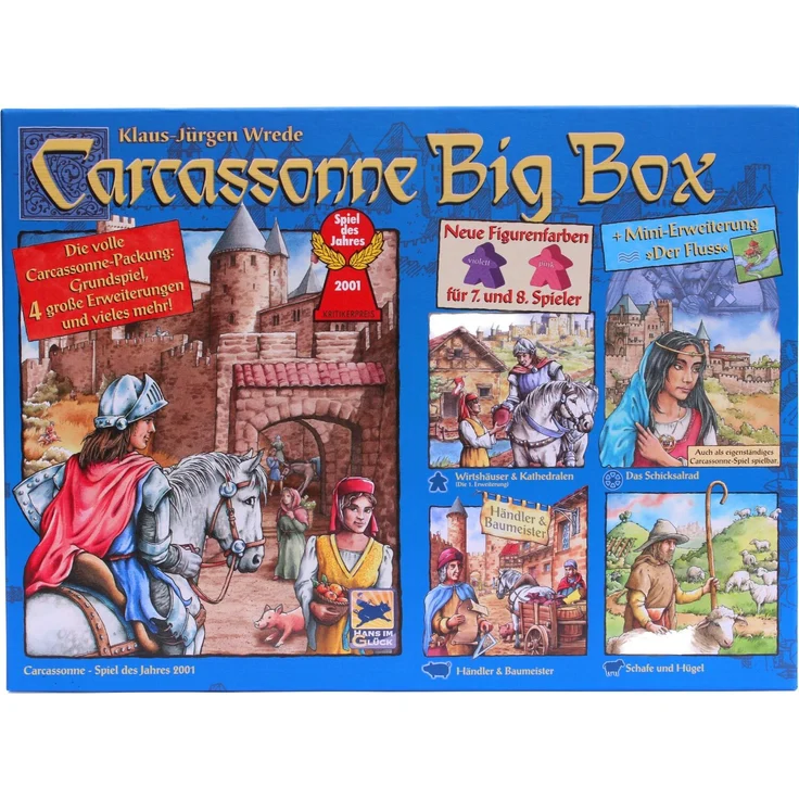 Hans im Glück Carcassonne Big Box 2014, Grundspiel mit Fluss & 4 Erweiterungen, für 8 Spieler in Pink und Violett