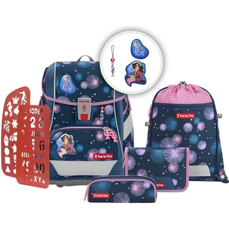Step by Step Schulranzen-Set 2IN1 Plus „Mermaid Delia“, ergonomischer Tornister mit Reflektoren, höhenverstellbar mit Hüftgurt, 19L, blau-rosa, 6-teilig für Mädchen ab der 1. Klasse