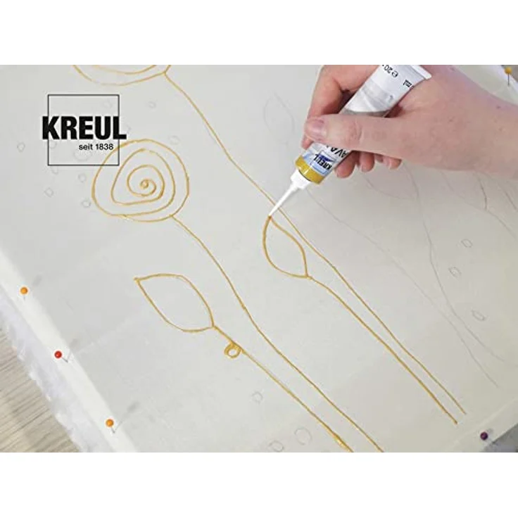 KREUL Javana Seidenmalfarben Grundausstattung, 5 x 20 ml Farben und Konturenfarbe, inkl. Pinsel, Seidenzuschnitte, Motivvorlagen und Effektsalz – Bild 3