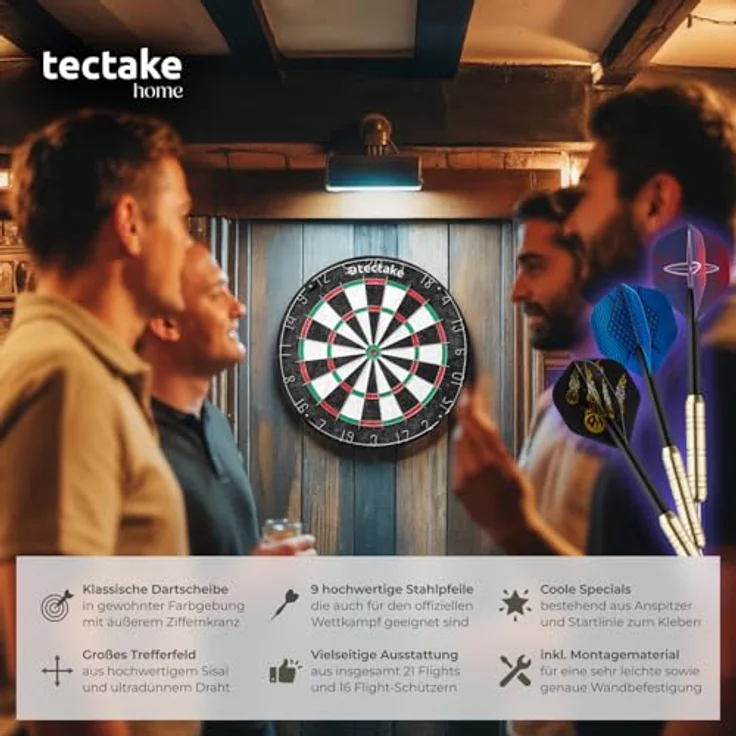 tectake® Dartscheibe Profi Steel, Komplettset mit 9 Dartpfeilen, 21 Flights und Zubehör, für Indoor- und Outdoor-Dartspiele – Bild 2
