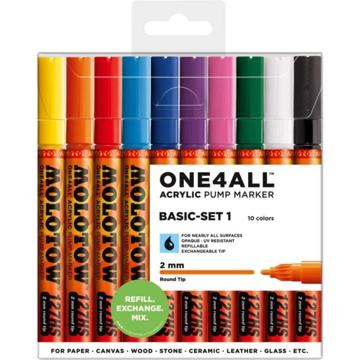 Molotow, Marker, Akrylmarker (Sortiert, 2 mm, 10 x) - Wasserfest auf verschiedenen Oberflächen, 10er Etui in verschiedenen Farben – Bild 1