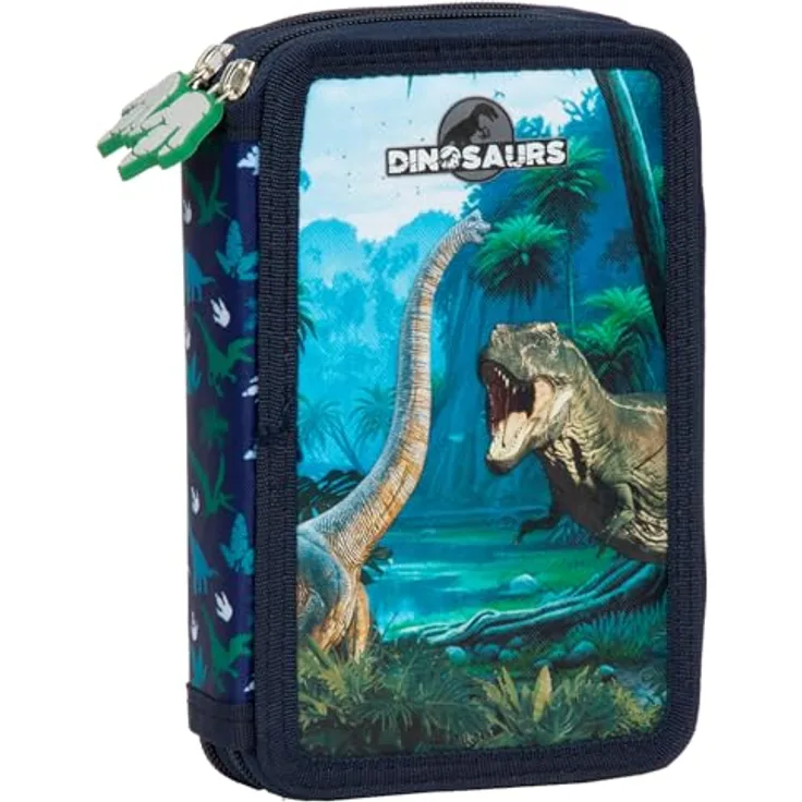 Derform Dino Federtasche Giganotosaurus, gefülltes 2-Fach Federmäppchen mit 10 Buntstiften, 8 Filzstiften, Radiergummi, Spitzer, Lineal und Bleistiften