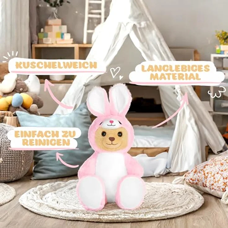 BRUBIES Teddy Hase - 25 cm Teddybär im Hasenkostüm mit Kapuze - Kuscheltier für kuschelige Abenteuer, extra weiches Plüschmaterial – Bild 5