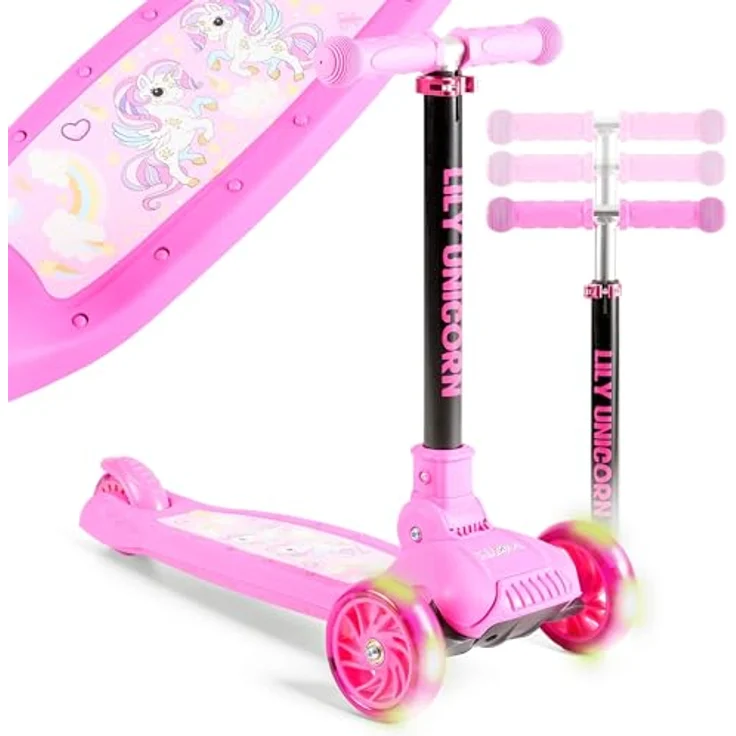 FableKids Kinderscooter LILY UNICORN, pinker Cityroller mit LED-Rädern, für Kinder ab 3 Jahren bis 50 kg, höhenverstellbar und klappbar – Bild 1