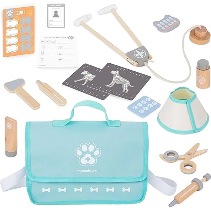 Mamabrum, Holz Tierarzt Set, Medizinischer Kragen, Snacks für Puppen, 4 Fische, 4 Knochen, 5 Medizinische Accessoires, 4 Arzneimittel, 2 Röntgenbilder