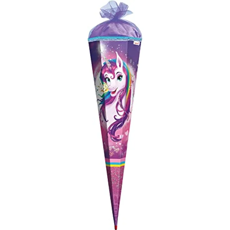 ROTH Schultüte groß Einhornportrait mit Glitzer 85 cm - 6-eckig Rot(h)-Spitze Tüllverschluss - Zuckertüte Schulanfang