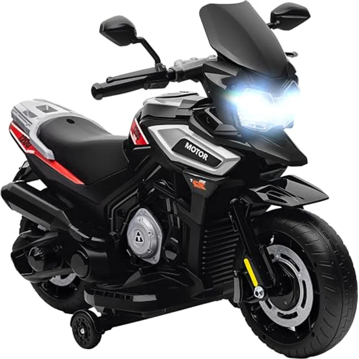 AIYAPLAY Elektro Motorrad Kinder, 6V Kindermotorrad mit 2 Hilfsrädern, Soft-Start, Beleuchtung, Musik, bis zu 2,4 km/h, schwarz – Bild 1