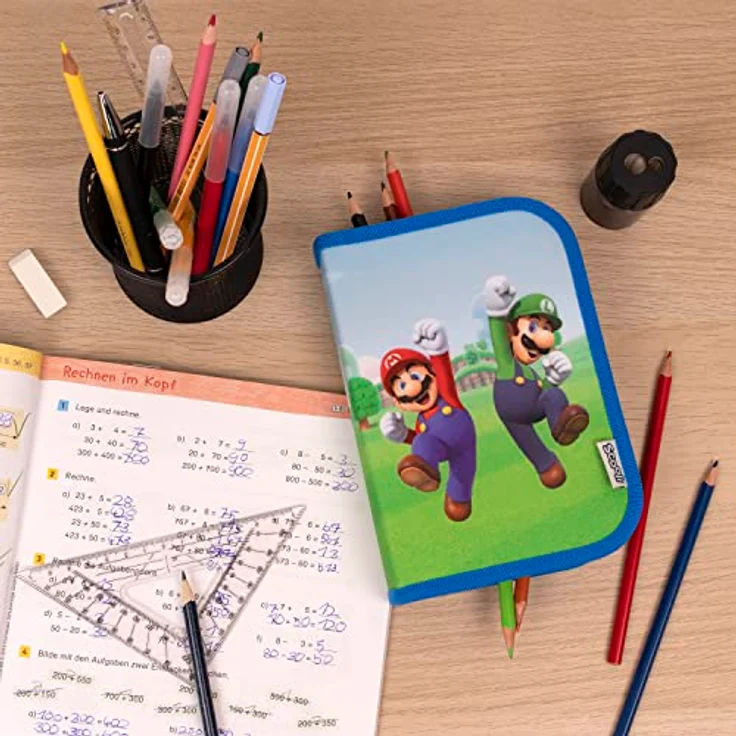 Super Mario gefülltes Schüleretui Federmäppchen inkl. Stiften, Radierer, Lineal etc. I Schlampermäppchen I Etui für die Schule – Bild 6