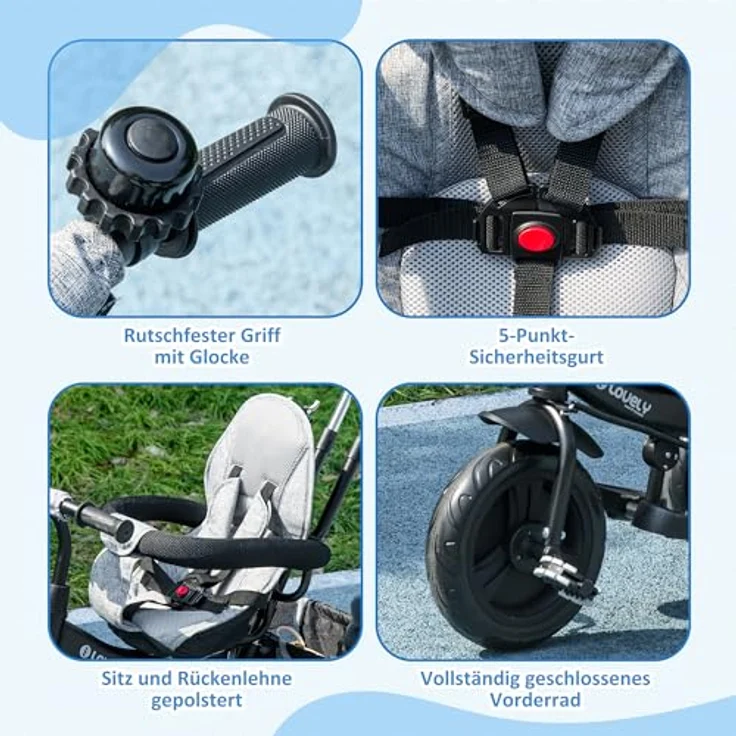 HOMCOM Dreirad 6-in-1 Kinderdreirad mit Schiebestange, Dach, Gurt, Ablagekorb, für 12-60 Monate, Grau – Bild 3