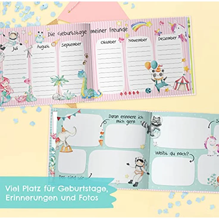 Papierdrachen Hochwertiges Freundebuch für Kinder - Kindergartenfreunde - Rosa - Poesiealbum mit Meerjungfrau, Prinzessin & Dinos - für 27 Freunde - buntes kindgerechtes Design – Bild 4