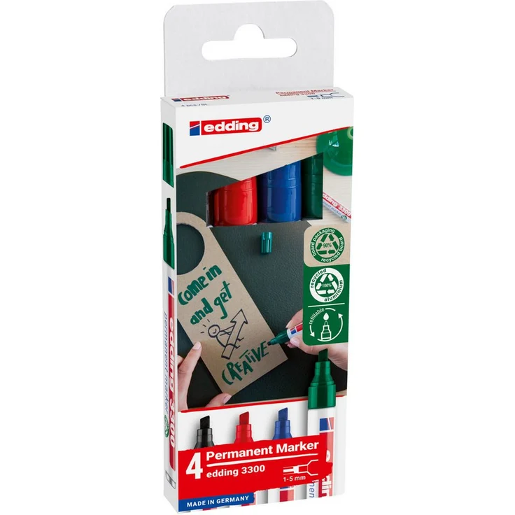 edding Permanentmarker 4-3300-4-2 1-5mm sortiert 4 Stück, Keilspitze, 4 Farben
